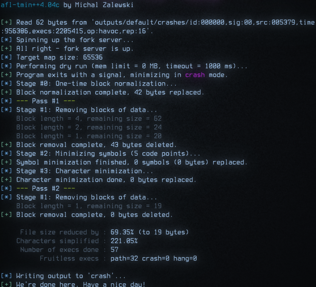 afl-tmin shrinking an input file afl-tmin reduced the file size by 33.87%